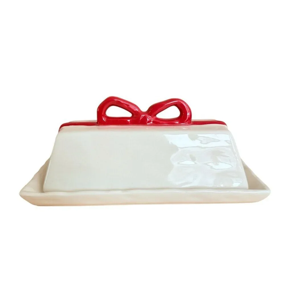 Anthropologie Benedita Bow Ceramic Stoneware Butter Dish Red Ribbon Ivory New